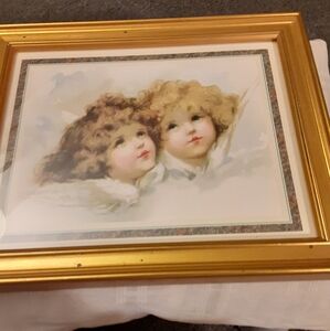 Sweet Angels Looking Towards Heaven Picture Gold Frame 11.5"×9.25 Matted